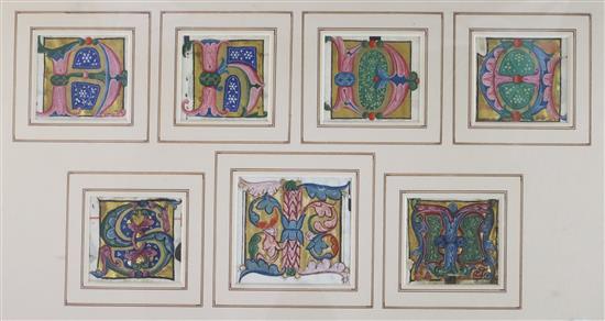 A group of nine 15th century ink on vellum illuminated letters, cropped from manuscripts, largest 3.25 x 3.5in., housed in three frames